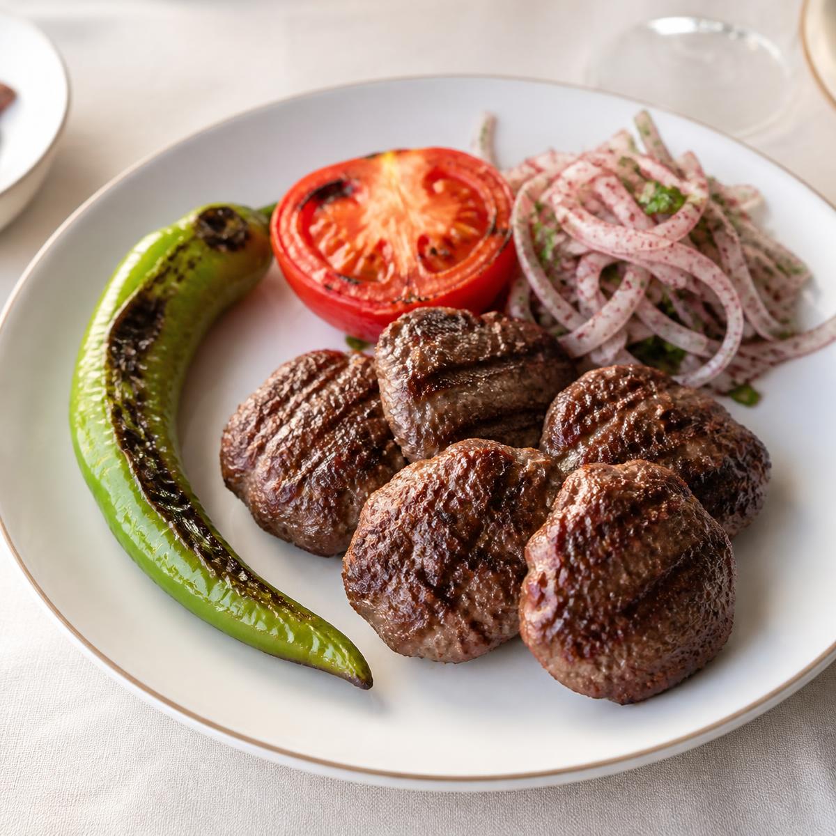 Köfte tabağı, pilav, salata ve ayran ile sofra sunumu